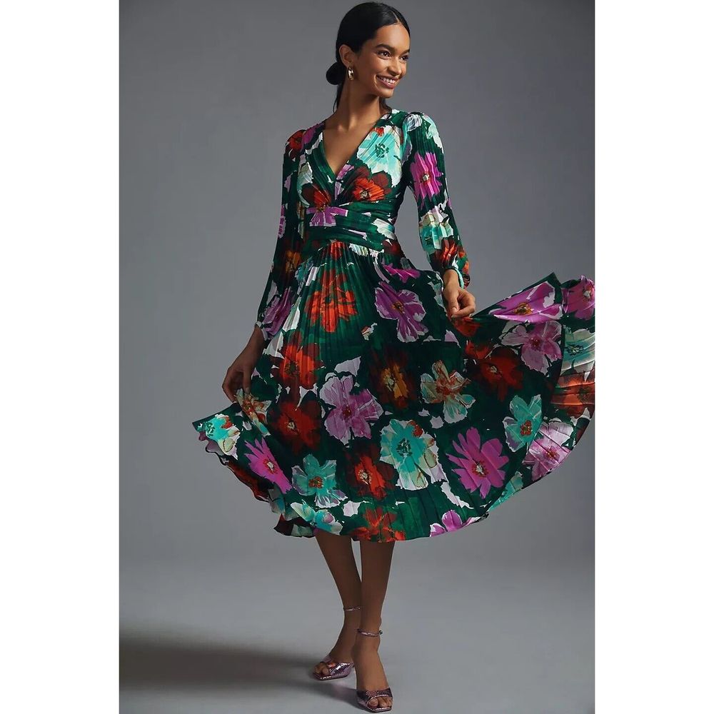 Anthropologie Pleated V-Neck Dress - Gem Anthropologie Pleated V-Neck Dress - Gem